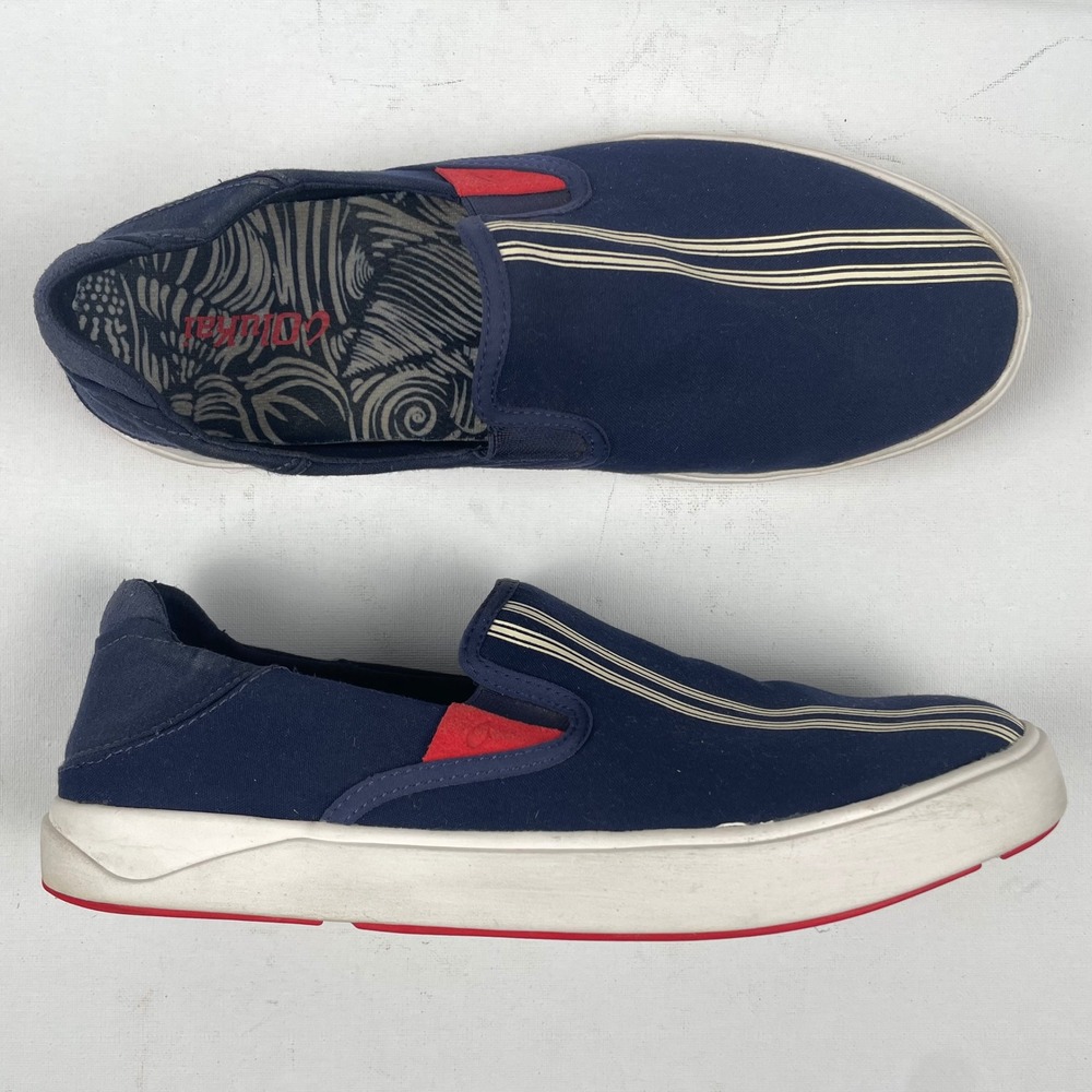 OluKai Lae'ahi Slip On Shoes Navy Blue Striped Canvas Sneakers - Mens Size 10.5